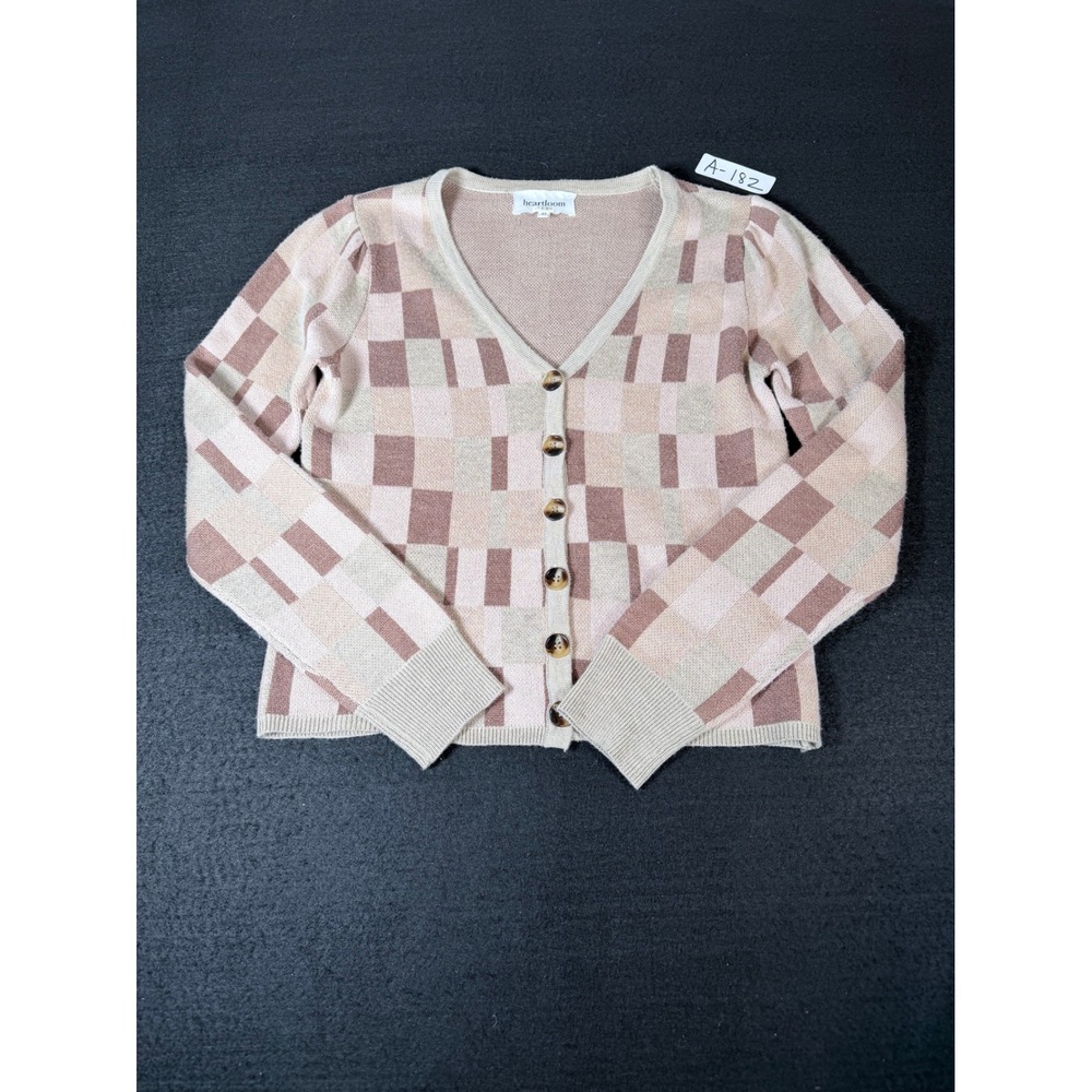 Heartloom Checkered Cardigan Sweater Tan Pink Brown V-Neck Puff Sleeve XS